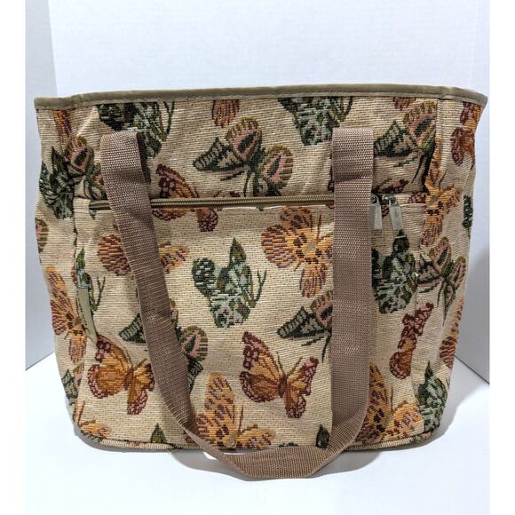 Vtg J Garden Butterfly Tapestry 14" Canvas Tote Bag Zipper Closure Reusable Bag - Picture 4 of 16